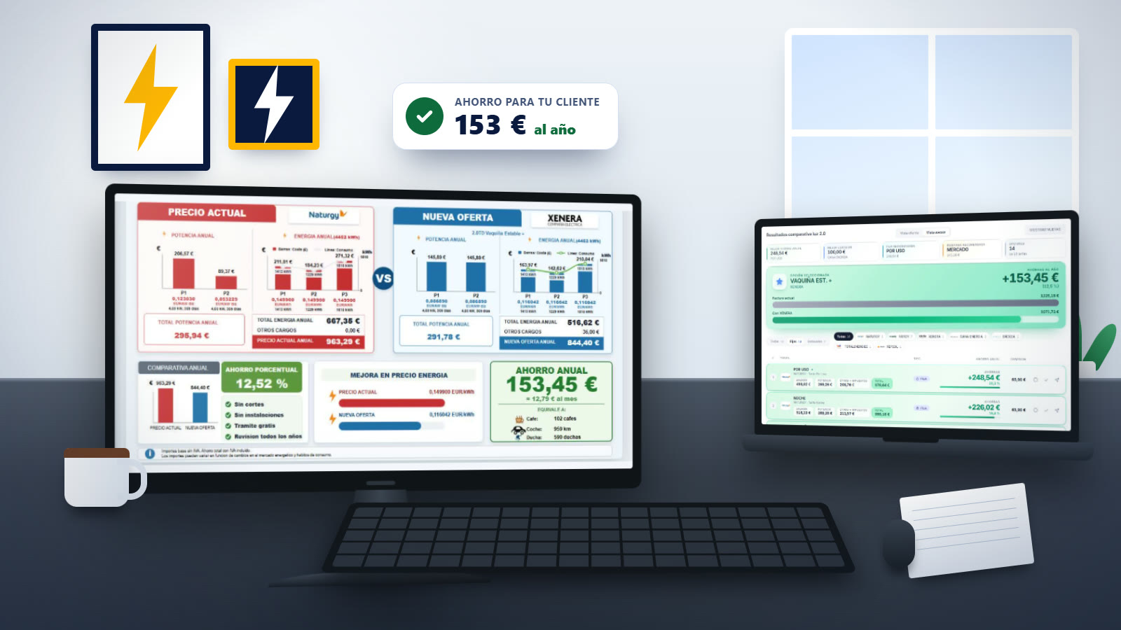 Mesa de trabajo de un asesor energético: un monitor con el estudio del cliente, un portátil con la comparativa de tarifas y el ahorro anual