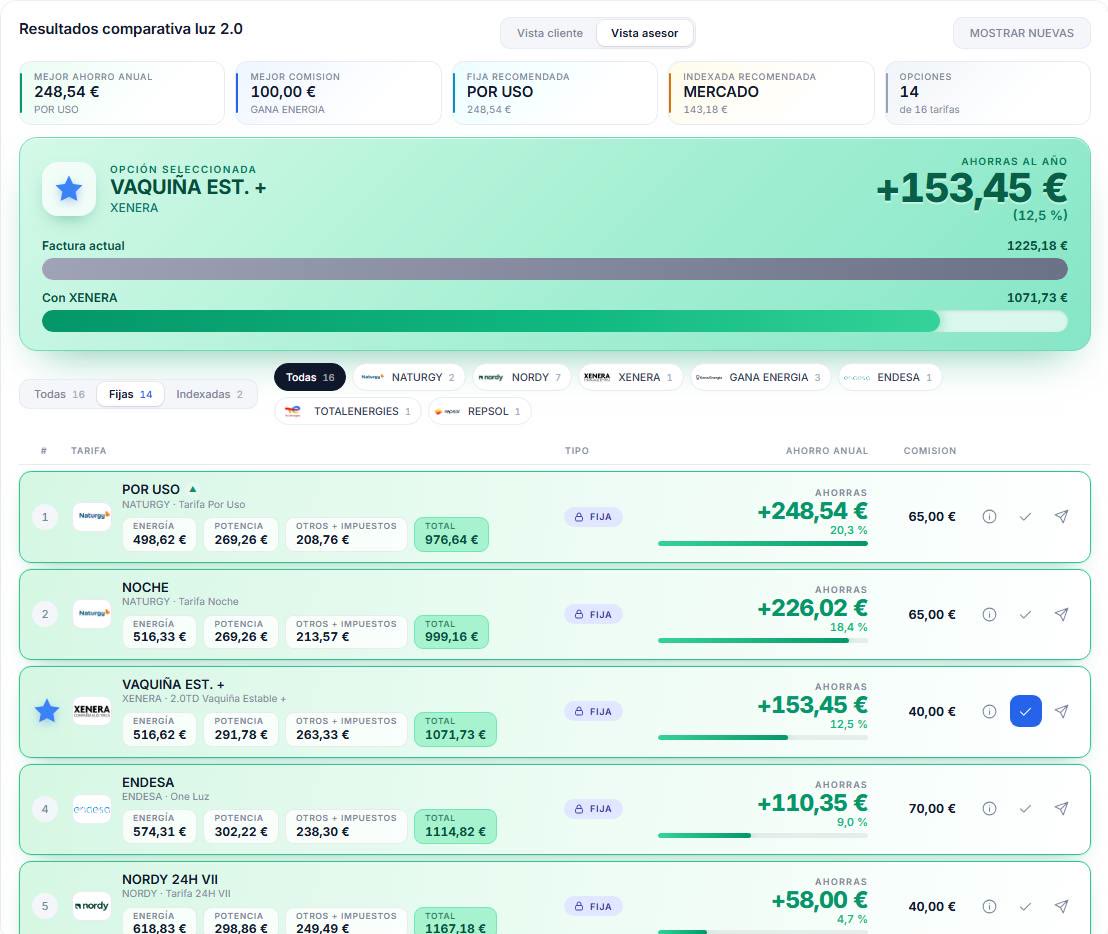 Captura del programa: lista de tarifas de varias compañías con el ahorro anual y la comisión de cada una